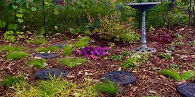 Landscaped residential backyard featuring native grasses, red mulch with black stepping stones as well as a bird feeder and bath